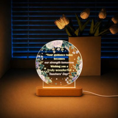 Teachers Day LED Night Lamp, Inspirational Teacher Appreciation Gift, Floral Acrylic Plaque with Wooden Base, Warm Light Desk Decor for Teacher, Classroom, School & Home